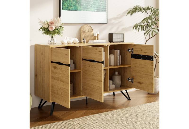 MODFU Sideboard 3-türiges Sideboard in Holzoptik (Holzanrichte, Buffet, 1 St., 3-Türiges Wohnzimmermöbel), mit Metallbeinen von MODFU