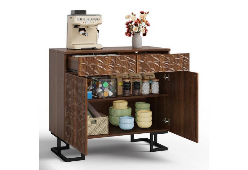 MODFU Sideboard Anrichte, Modernes Buffetschrank (Sideboard 80x40x78 cm – "Blattpoesie"-Serie, Dunkle Walnussoptik, Push-to-Open, Kippschutz, Stauraum) von MODFU