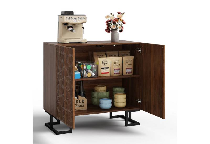MODFU Sideboard Anrichte, Modernes Buffetschrank (Sideboard Kommode 80x40x78 cm – "Blattpoesie" Serie, Dunkle Walnussoptik mit Blätterrelief) von MODFU