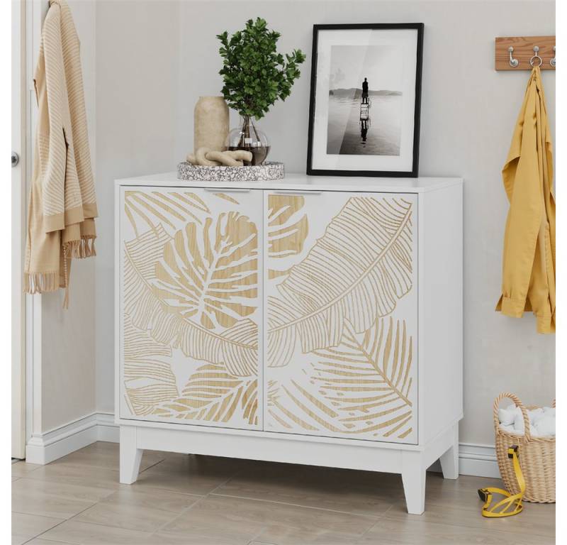 MODFU Sideboard Anrichte, Modernes Weinschrank (Vintage Buffetschrank mit Blattschnitzerei – Multifunktionales Sideboard, 38 cmx 80 cmx 76 cm), mit Rattan-Dekortüren von MODFU