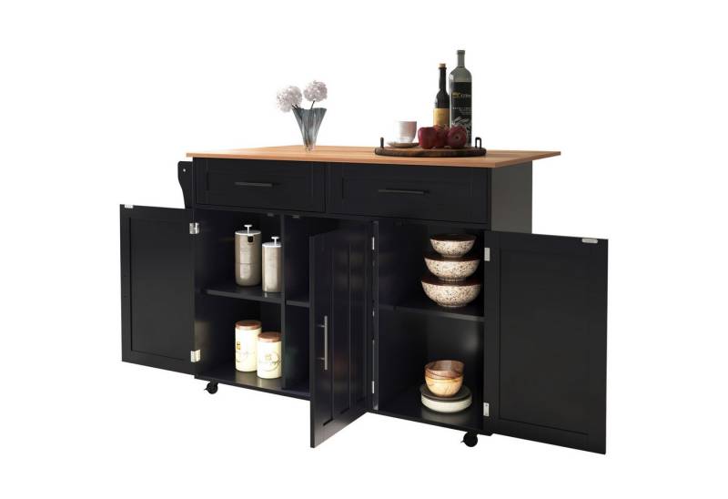 MODFU Sideboard Anrichte Küchenschrank Speisewagen (Kücheninsel mit ausziehbarer Klapptischplatte, verstellbaren Regalen & Besteckschublade., 1 St., 5 Räder, 3 Tür), mit Ausziehbare Arbeitsplatte,Massivholzbeine umschaltbar von MODFU