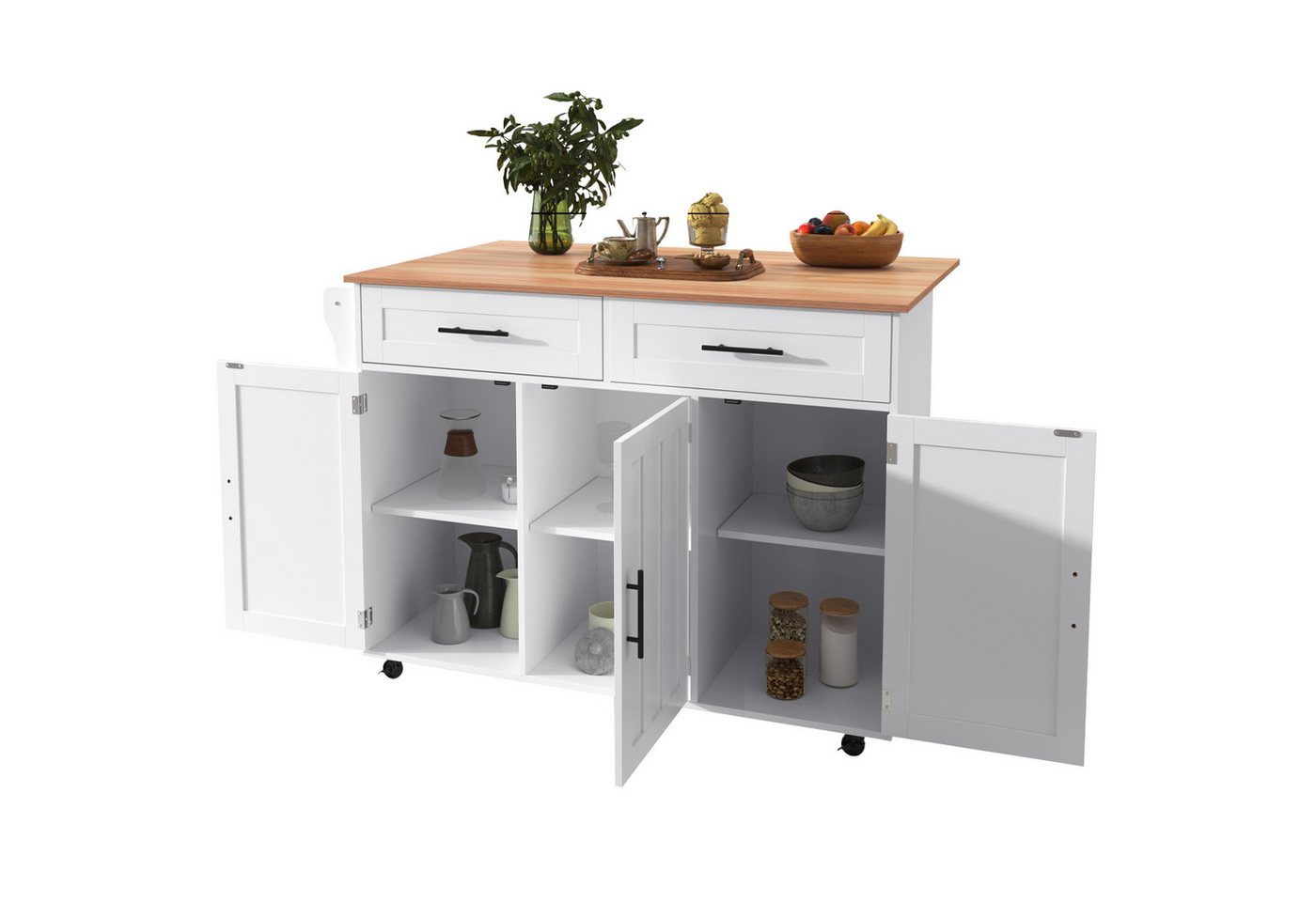 MODFU Sideboard Anrichte Küchenschrank Speisewagen (Kücheninsel mit ausziehbarer Klapptischplatte, verstellbaren Regalen & Besteckschublade., 1 St., 5 Räder, 3 Tür), mit Ausziehbare Arbeitsplatte,Massivholzbeine umschaltbar von MODFU