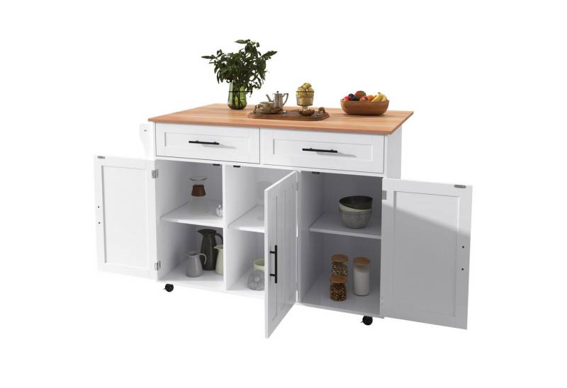 MODFU Sideboard Anrichte Küchenschrank Speisewagen (Kücheninsel mit ausziehbarer Klapptischplatte, verstellbaren Regalen & Besteckschublade., 1 St., 5 Räder, 3 Tür), mit Ausziehbare Arbeitsplatte,Massivholzbeine umschaltbar von MODFU