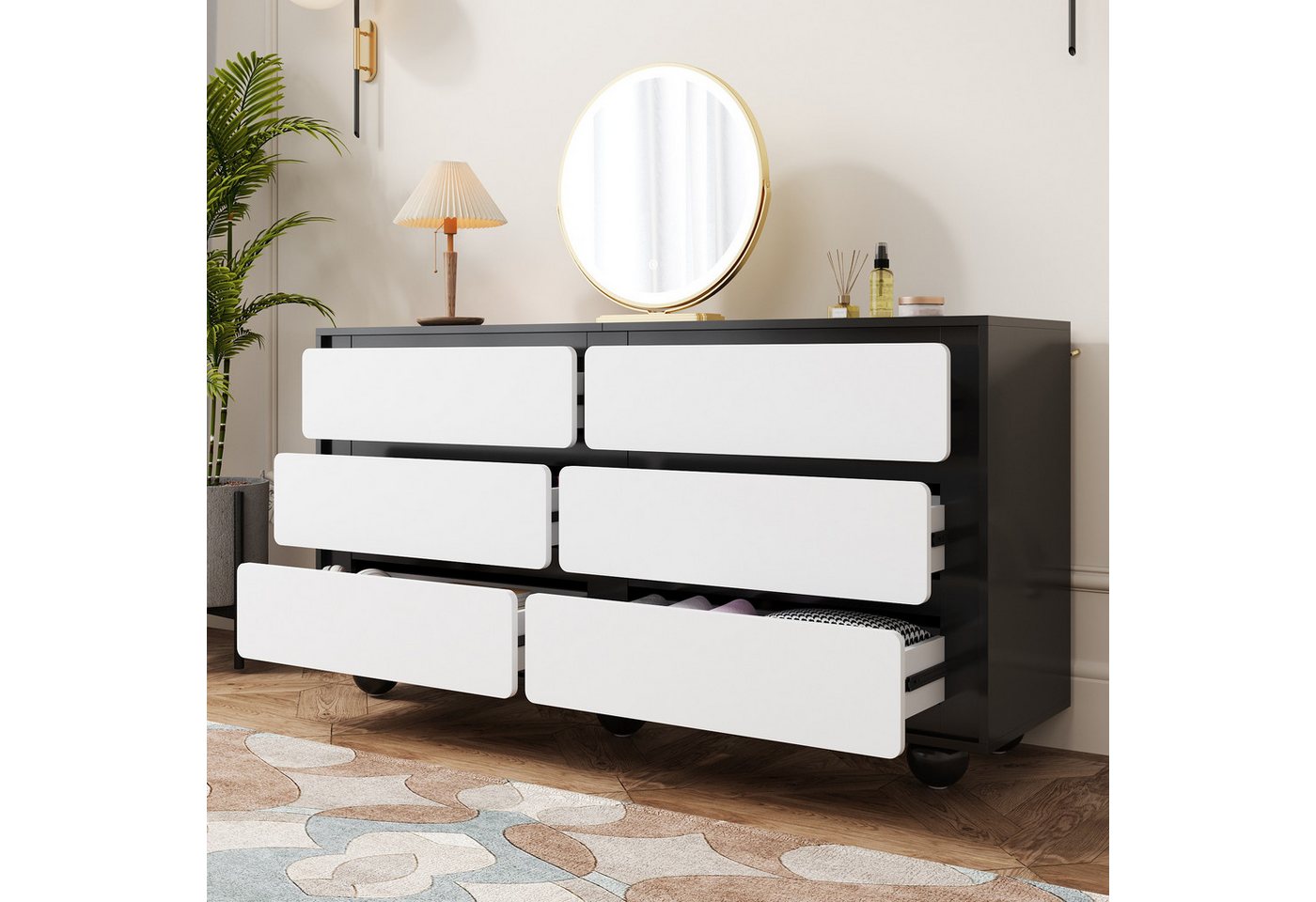MODFU Sideboard Aufbewahrungskommode mit 6 geräumigen Schubladen (140 L x 38 W x 74,5 H (inch), 1 St., Schwarz-Weiß-Design), mit abgerundeten Metallfüßen von MODFU