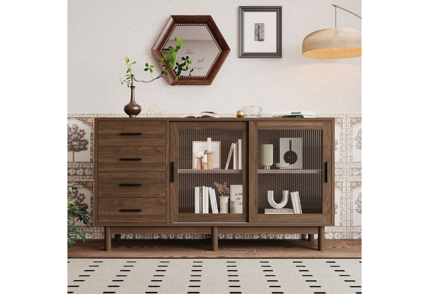 MODFU Sideboard Aufbewahrungsschrank Kommode (4 Schubladen, 2 Glastüren), aus Spanplatte mit Glasvitrine, 140*40*75.8 cm von MODFU