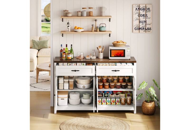 MODFU Sideboard Buffet-Schrank,mit Stauraum (Esszimmer-Sideboard 140 cm, Multifunktionales Buffet mit 4 Türen und 2 Schubladen – Weiß mit Nussbaum, Glastüren und verstellbaren Böden), mit 4 Türen und 2 großen Schubladen von MODFU