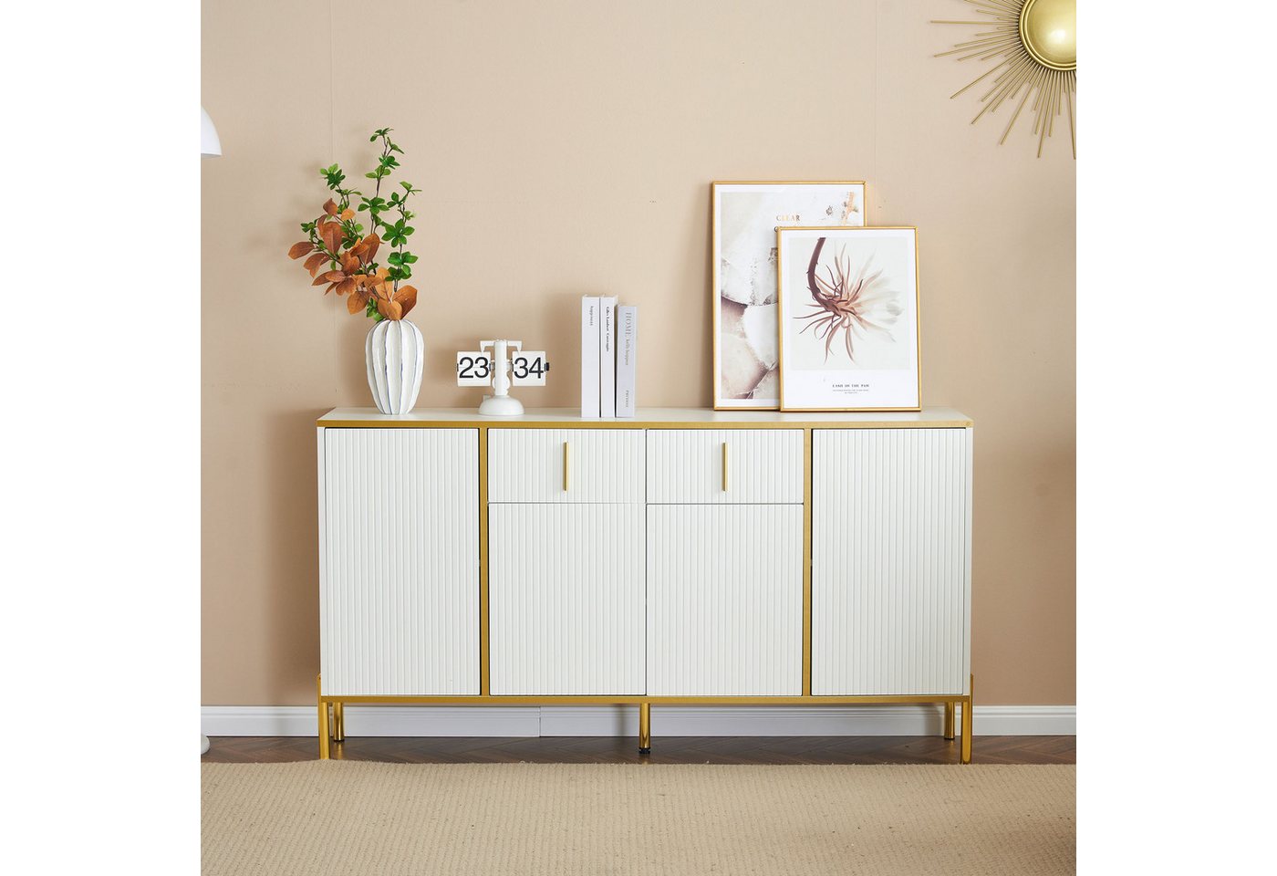 MODFU Sideboard Eckschrank Kommode (2 Schubladen, 4 Türen), mit Goldverzierung,mit verstellbaren Trennwänden,140*35*76cm von MODFU