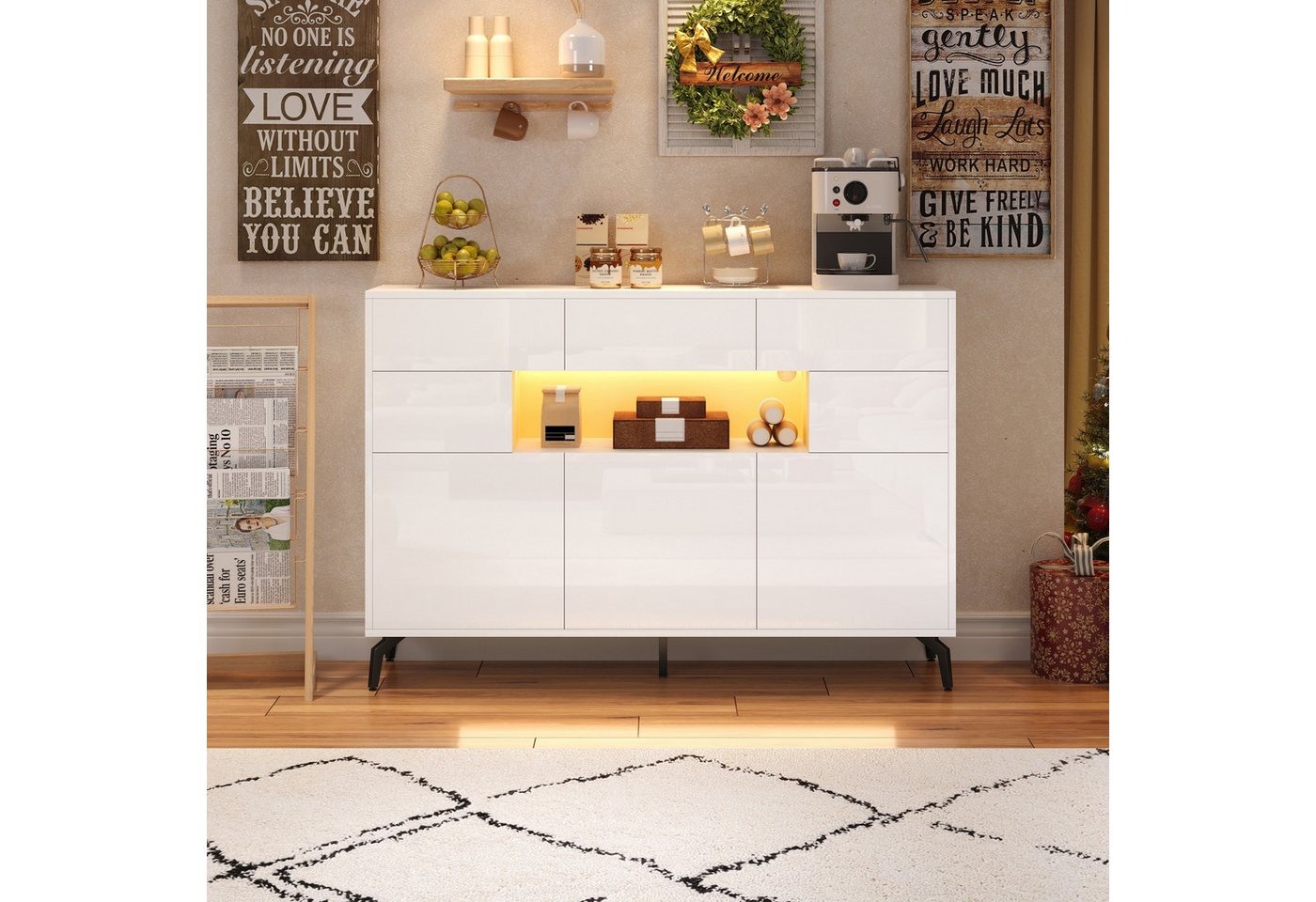 MODFU Sideboard Hochglanz Kommode mit LED-Beleuchtung (Wohnzimmermöbel, Buffetschrank, 1 St., 3 Schubladen und 5 Schränken), mit 5 stabilen Metallbeinen, aus MDF-Material von MODFU