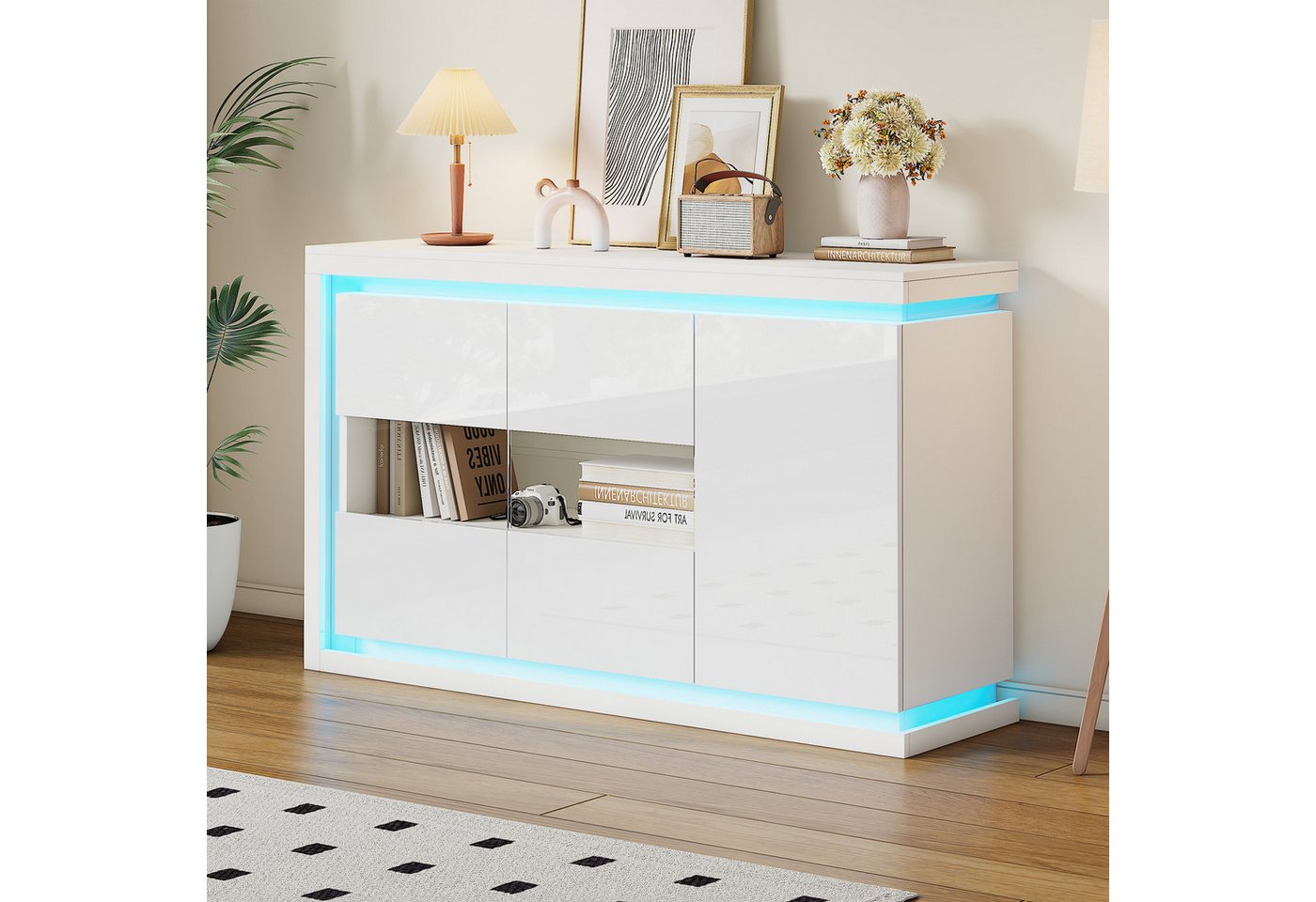 MODFU Sideboard Hochglanz-LED-Sideboard mit Glastüren (Beistellschrank, Wohnzimmerschrank, 1 St., 140x40x84 cm), One-Touch Beleuchtung von MODFU