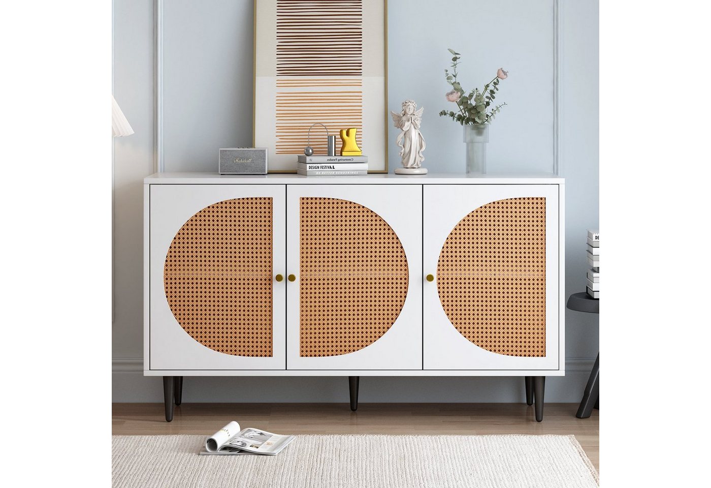 MODFU Sideboard Kommode (Nussbaum 129.8x 40x 76cm), mit 3 Rattan verzierten Türen Kommode Highboard mit Metallgriffe von MODFU