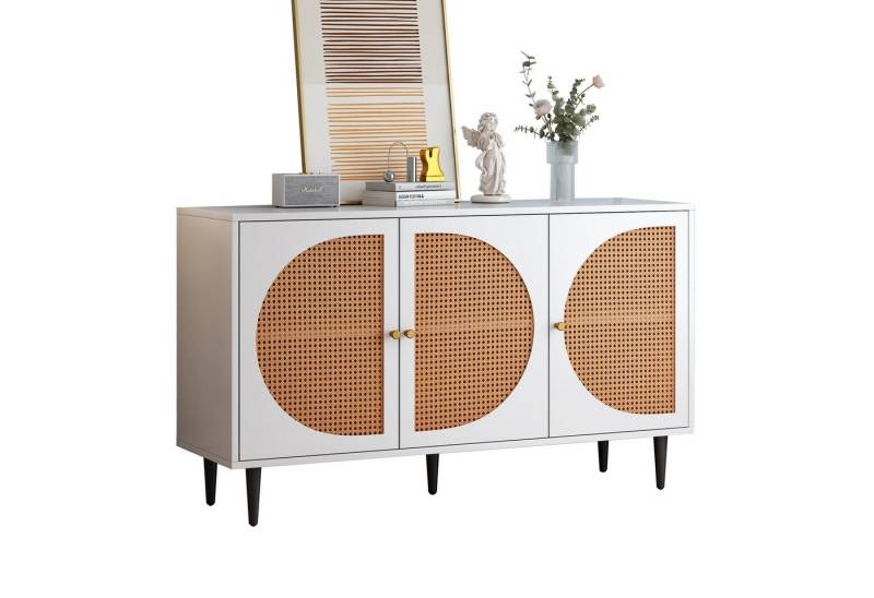 MODFU Sideboard Kommode (mit 3 Rattan verzierten Türen Kommode Highboard mit Metallgriffe), Nussbaum 129.8x 40x 76cm von MODFU