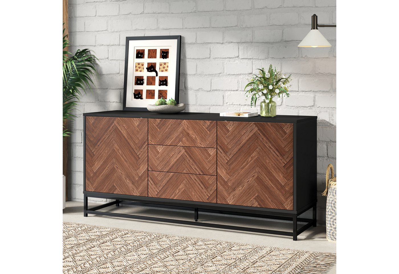 MODFU Sideboard Kommode Anrichte mit schwarzem Metallrahmen (Esszimmerschrank, Wohnzimmerschrank, 1 St., 3 Schubladen,2 Schranktüren), Breite 145 cm, mit Kippschutz von MODFU