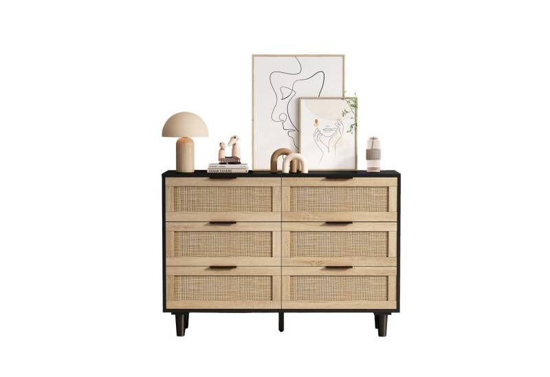 MODFU Sideboard Kommode Küchenschrank Anrichte (Rattan-Kommode mit 6 Schubladen – Modernes Design, große Stauraumlösung, ideal für Schlafzimmer & Wohnzimmer) von MODFU
