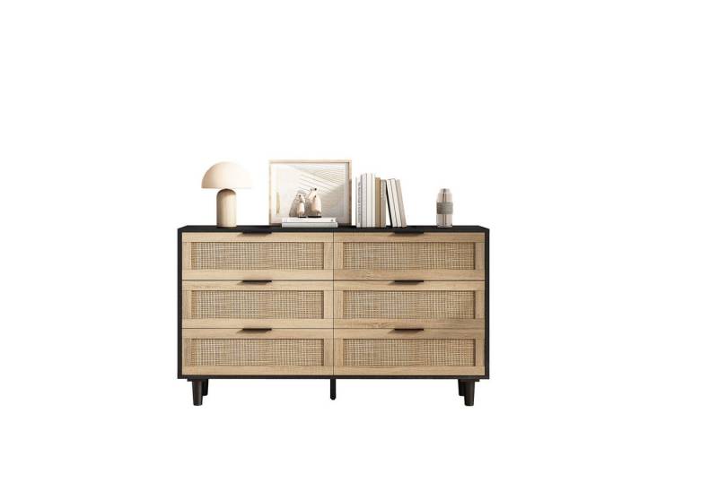 MODFU Sideboard Kommode Küchenschrank Anrichte (Rattan-Kommode mit 6 Schubladen – Modernes Design, große Stauraumlösung, ideal für Schlafzimmer & Wohnzimmer) von MODFU