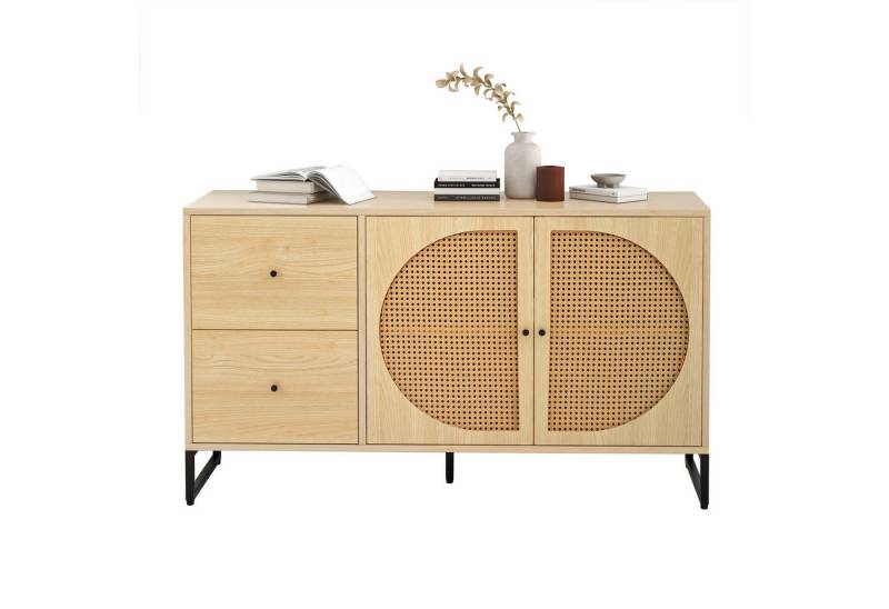 MODFU Sideboard Kommode Mehrzweckschrank (mit 2 Rattan verzierten Türen und 2 Schubladen Kommode Küchenschrank), Highboard mit Metallgriffe von MODFU