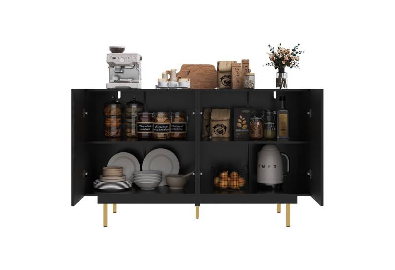 MODFU Sideboard Küchenbuffet, mit verstellbaren Fächern (Esszimmer-Schrank – Minimalistisches, Griffloses Sideboard, Robuste MDF-Konstruktion, Anti-Kipp-Schutz, Perfekt für Wohnzimmer & Esszimmer, Modern & Langlebig, 140×38,5×82,5cm), mit 4 Schranktüren, verstellbaren Fächern von MODFU