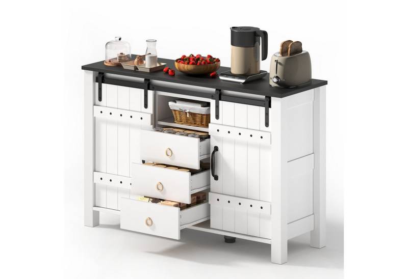 MODFU Sideboard Küchenbuffet,Kommode (Rustikaler Buffetschrank mit 3 Schubladen und Schiebetüren – 120 cm, Viel Stauraum, Robustes MDF, Kippschutz), mit Schiebetüren und 3 Schubladen von MODFU
