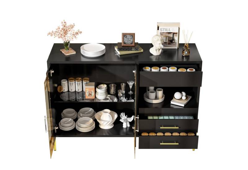 MODFU Sideboard Küchenschrank,Kommode (Luxuriöses Sideboard mit Glastür & Kristallgriffen, goldene Beine., 120*39.5*84CM) von MODFU