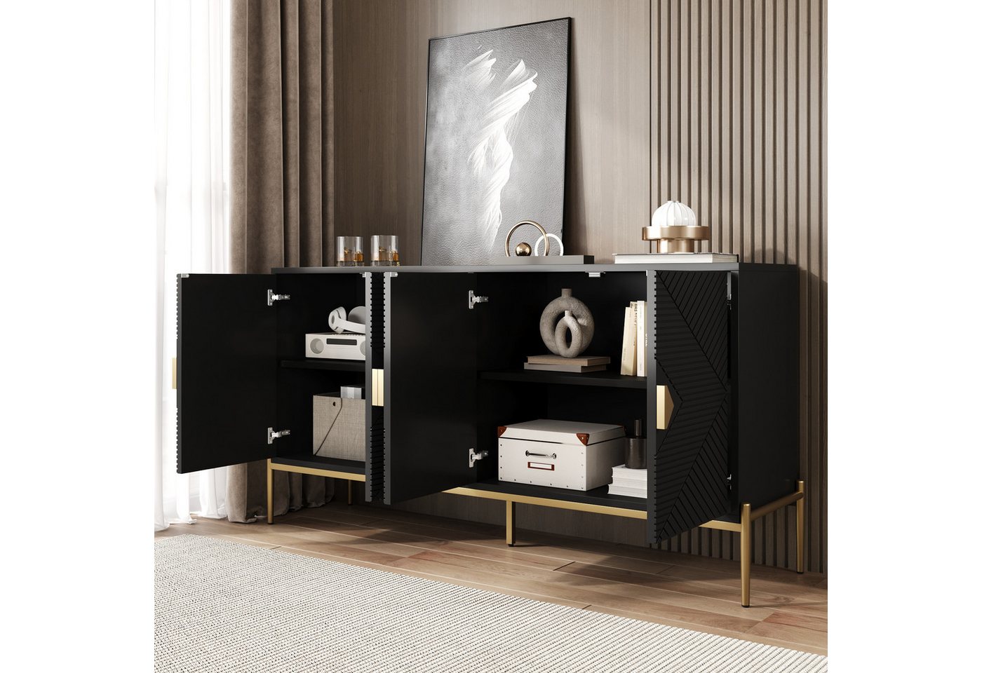MODFU Sideboard Lagerschränke Schränke (Wohnzimmerschrank, Kommode, Buffetschrank, 1 St., 162 x 40 x 80 cm), mit goldenen Griffen und Metallbeinen von MODFU