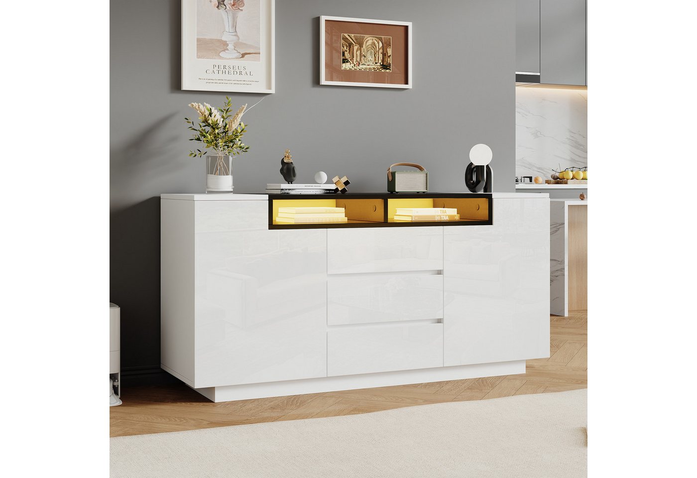 MODFU Sideboard Moderner Beistellschrank mit LED-Beleuchtung (Anrichte, Kommode, Wohnzimmerschrank, 1 St., mit 2 L-förmigen Türen, 3 Schubladen), 140*60*48 cm von MODFU