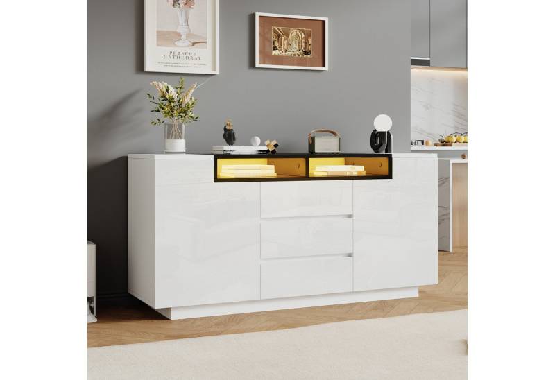 MODFU Sideboard Moderner Beistellschrank mit LED-Beleuchtung (Anrichte, Kommode, Wohnzimmerschrank, 1 St., mit 2 L-förmigen Türen, 3 Schubladen), 140*60*48 cm von MODFU