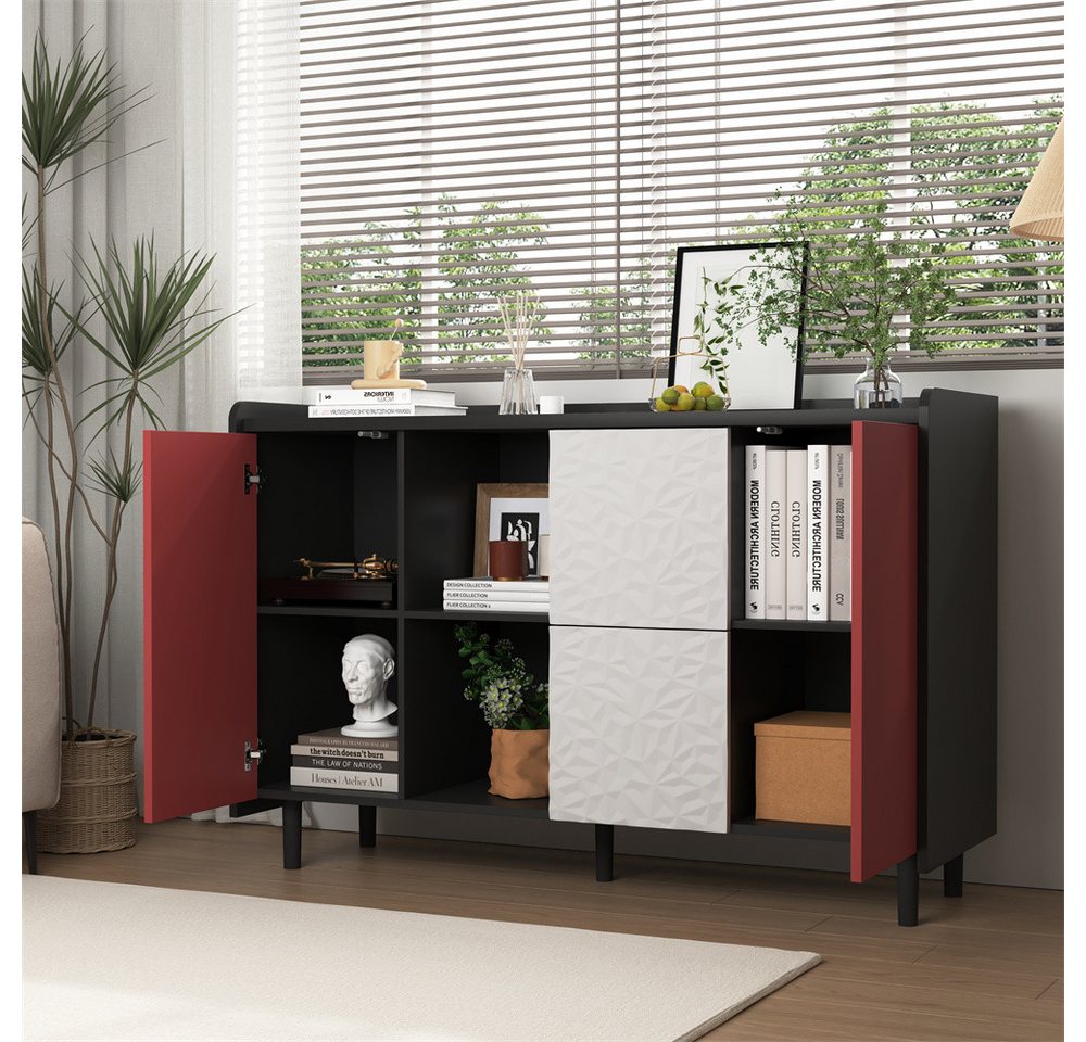 MODFU Sideboard Moderner Buffetschrank,mit Türen (Schwarzer Sideboard-Buffetschrank– 2 Schubladen & 2 offene Fächer für Küche, Wohnzimmer & Arbeitszimmer, 1 St) von MODFU