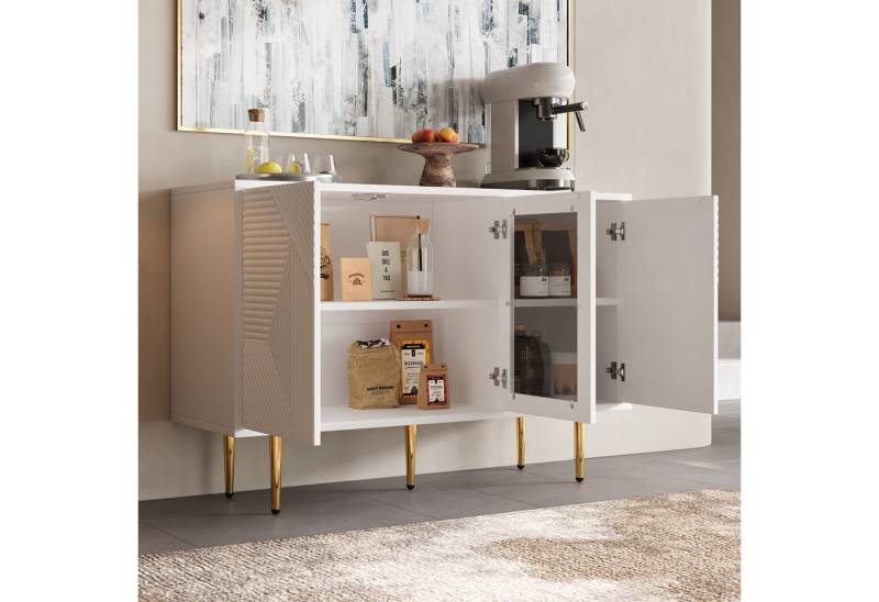 MODFU Sideboard Modernes Küchenschrank, Anrichte (Moderne Kommode mit Glastüren und Metallfüßen – Robuste Stauraumlösung mit Schiebetüren, Ideal für Wohnzimmer, Schlafzimmer und Flur, 1 St., 120 x 38 x 79.5 cm) von MODFU