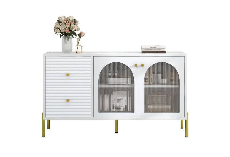 MODFU Sideboard Schrank mit 2 Türen und 2 Schubladen, 120 cm langes weiß-goldenes Sideboard, Anrichte mit Glas von MODFU