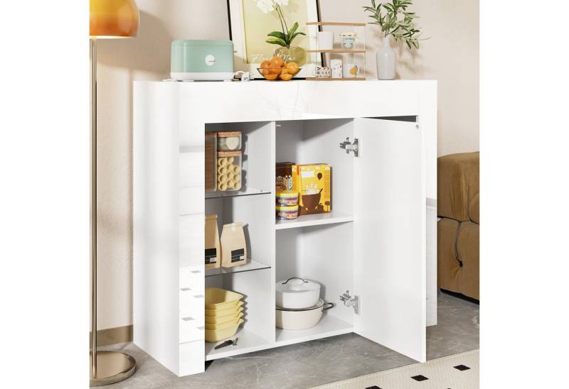 MODFU Sideboard mit Glasregal & Schranktür (Esszimmerschrank, Anrichte, 1 St., 95 L x 35 B x 83 H), Hochglanzfront & mattem Finish von MODFU