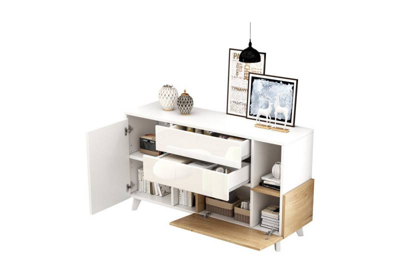MODFU Sideboard Skandinavisches Sideboard – Weißes Hochglanz-Design (Kommode,Wohnzimmerschrank, als Fernsehschrank,TV-Board, 1 St., 2 Türen, 2 Schubladen,2 offene Fächer), Tür grifflos Pop-Open-Design von MODFU