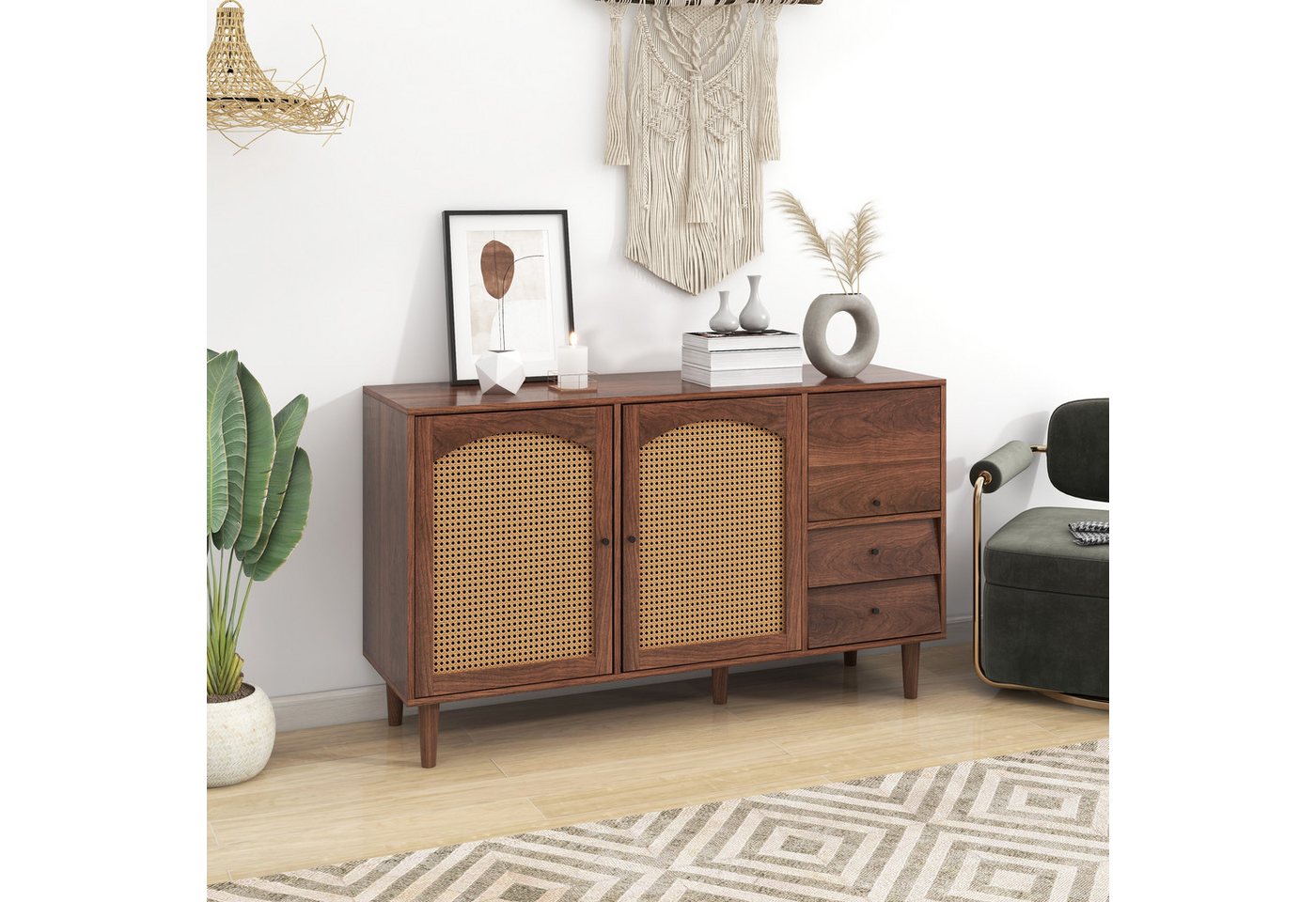 MODFU Sideboard TV Schrank Küchenschrank Beistellschrank (Braun mit drei Türen und zwei unregelmäßigen Schubladen), Mit Rattan Einsatz, 130*75.5*40 cm von MODFU