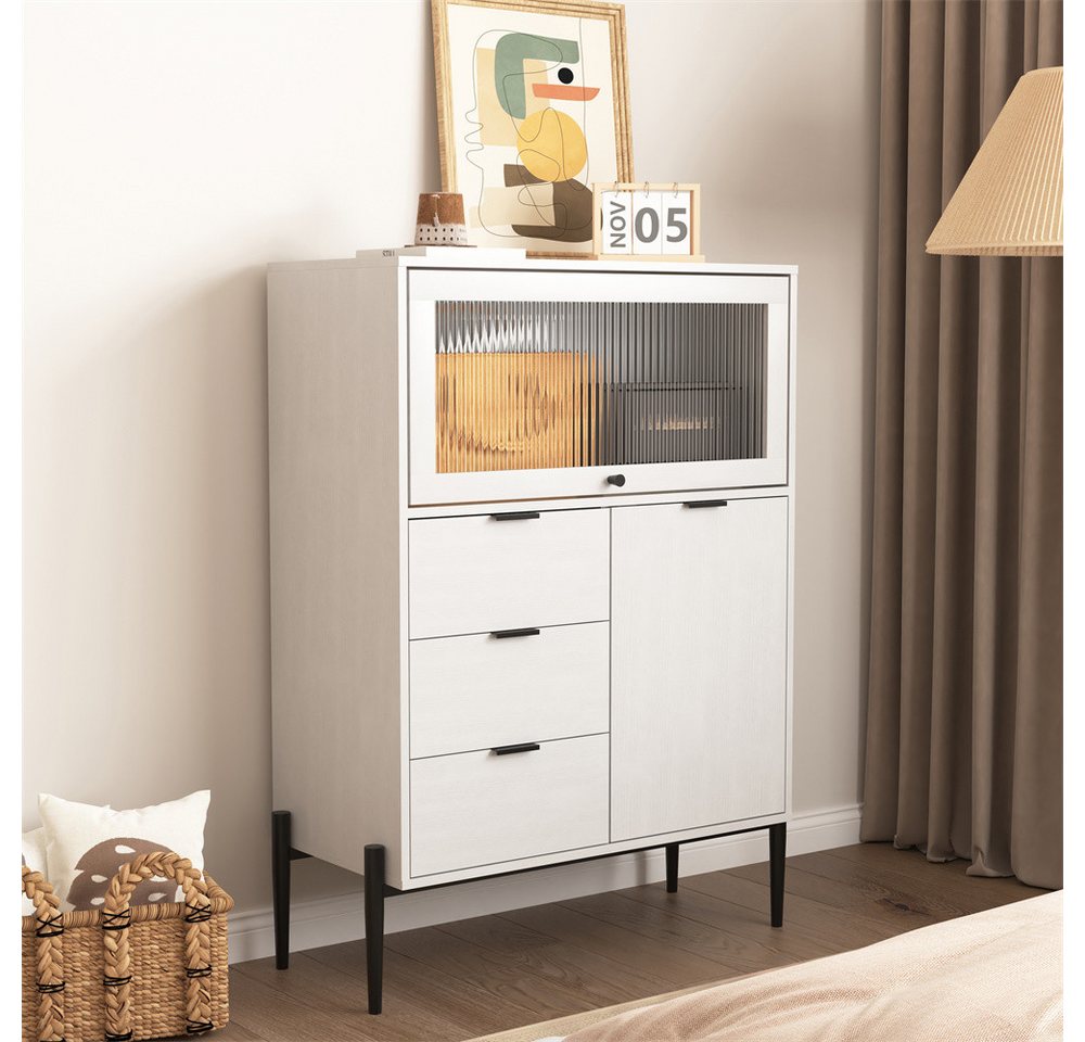 MODFU Sideboard für Flure, Eingänge, Küchen, Arbeitszimmer (Modisches Sideboard aus Holz mit 3 Schubladen, 1 Tür & 1 Glastür - 85x40x120 cm, verstellbare Einlegeböden, 1 St) von MODFU
