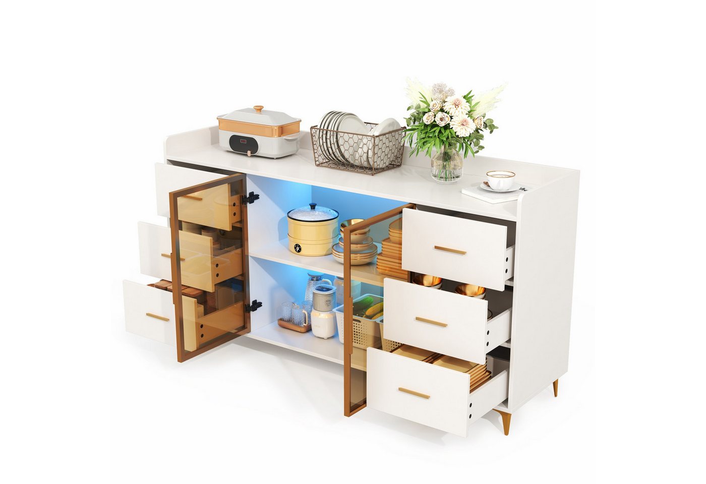 MODFU Sideboard ideal für Küchen, Ess- und Wohnbereiche (Modernes Sideboard in Weiß mit Gold – 6 Schubladen, LED-Beleuchtung per Fernbedienung, Glasfront & Kippschutz., 1 St), mit LED-Beleuchtung von MODFU