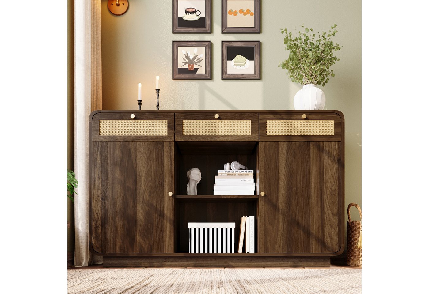 MODFU Sideboard in Nussbaum-Opti (Kommode, Buffetschrank, 1 St., 3 Schubladen + 2 Schränke + offenes Regal), mit Rattan, Goldgriffen, höhenverstellbare Einlegeböden von MODFU