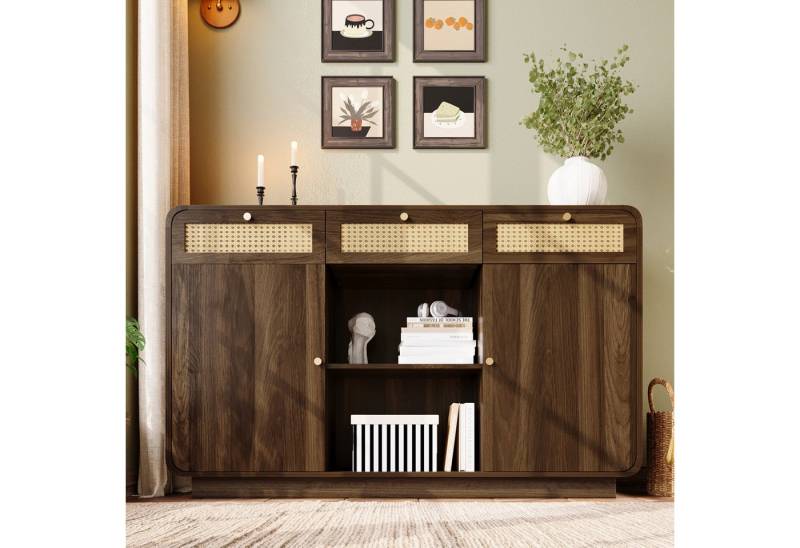 MODFU Sideboard in Nussbaum-Opti (Kommode, Buffetschrank, 1 St., 3 Schubladen + 2 Schränke + offenes Regal), mit Rattan, Goldgriffen, höhenverstellbare Einlegeböden von MODFU