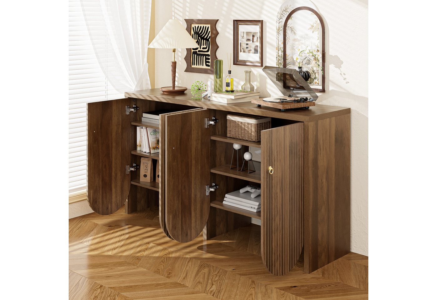 MODFU Sideboard in Walnussoptik, einfach aufzubauen (Wohnzimmerschrank, Kommode, 1 St., 4 Türen), mit verstellbaren Einlegeböden & Alugriffen von MODFU
