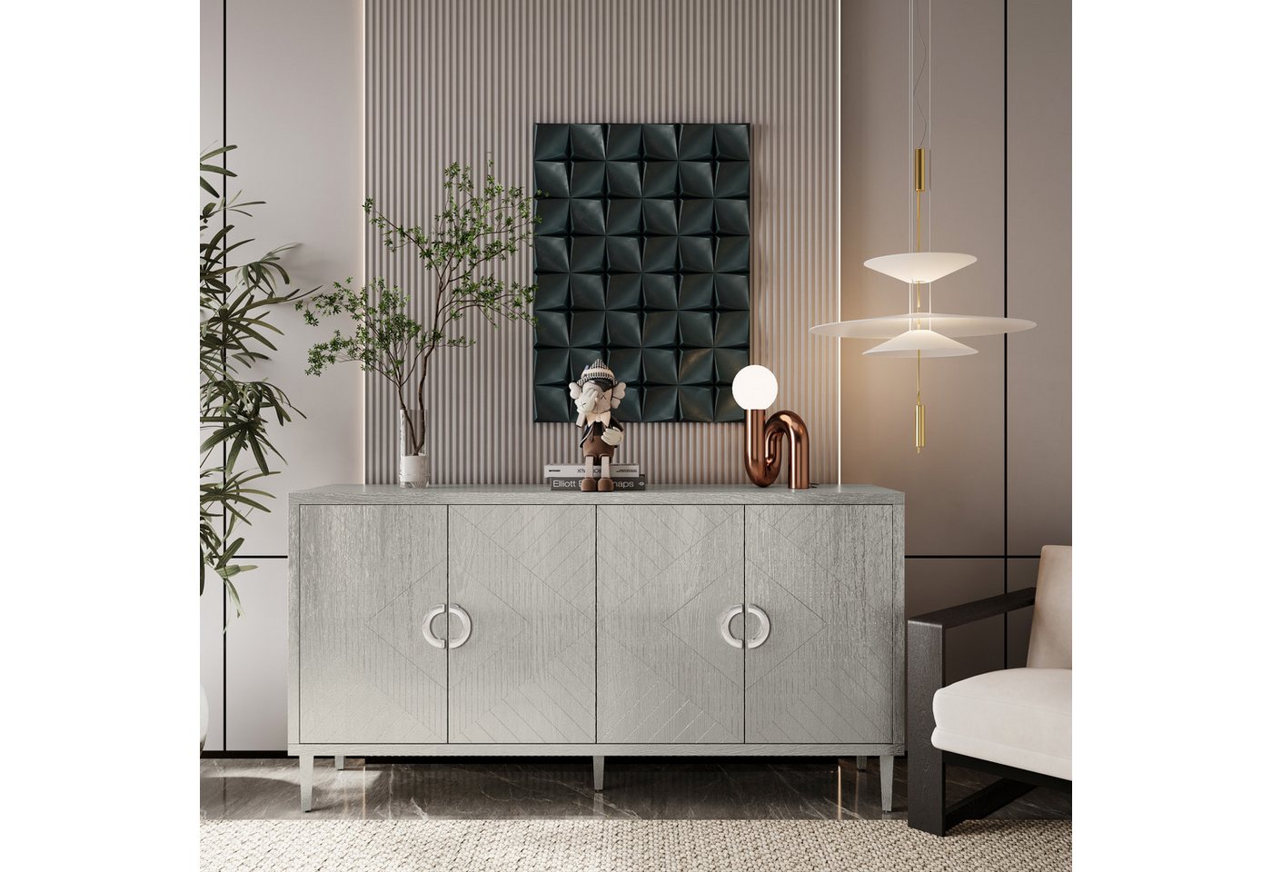 MODFU Sideboard mit Kiefernholzbeinen (152 cm 4-Türer Stauraumschrank aus MDF, Küchenschrank Anrichte, mit MDF & Kiefernholzbeinen), Tischplatte: 36 kg Regal: 27 kg von MODFU