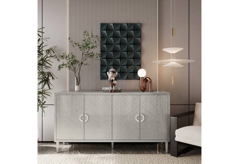 MODFU Sideboard mit Kiefernholzbeinen (152 cm 4-Türer Stauraumschrank aus MDF, Küchenschrank Anrichte, mit MDF & Kiefernholzbeinen), Tischplatte: 36 kg Regal: 27 kg von MODFU