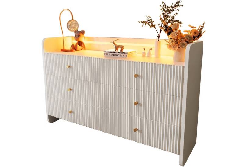 MODFU Sideboard mit Kippschutz (Kommode, Anrichte, Aufbewahrungsschrank, Esszimmerschrank, 1 St., 6 Schubladen), Wellenförmiges Rillendesign, mit LED-Beleuchtung von MODFU