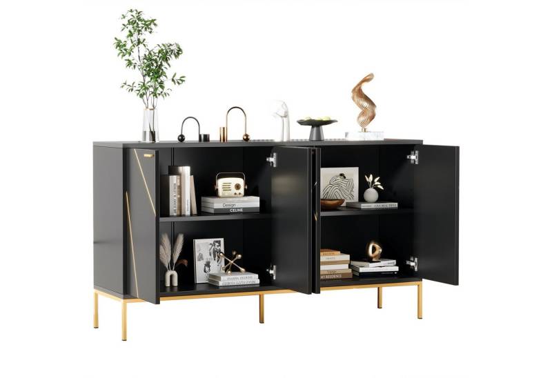 MODFU Sideboard mit großem Stauraum (Eleganter Sideboard mit Metallfüßen – TV- oder Kleiderschrank im minimalistischen Design, Schwarz-Gold, 150x40x80 cm, verstellbares Regalsystem., 1 St), mit vier Türen, Metallfüßen,geradliniges Design mit Metalllinien-Dekor von MODFU