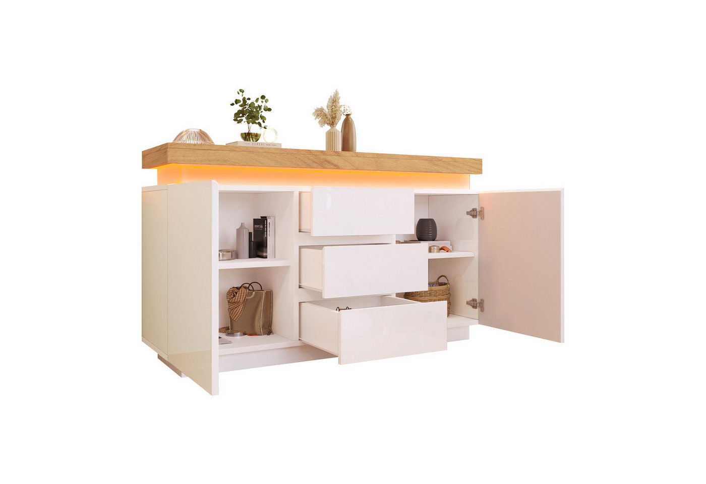MODFU Sideboard mit großen Stauraum (Mehrzweckschrank, 1 St., 2 Türen und 3 Schubladen), Hochglanz Kommode mit LED Beleuchtung (App -Steuerung) von MODFU