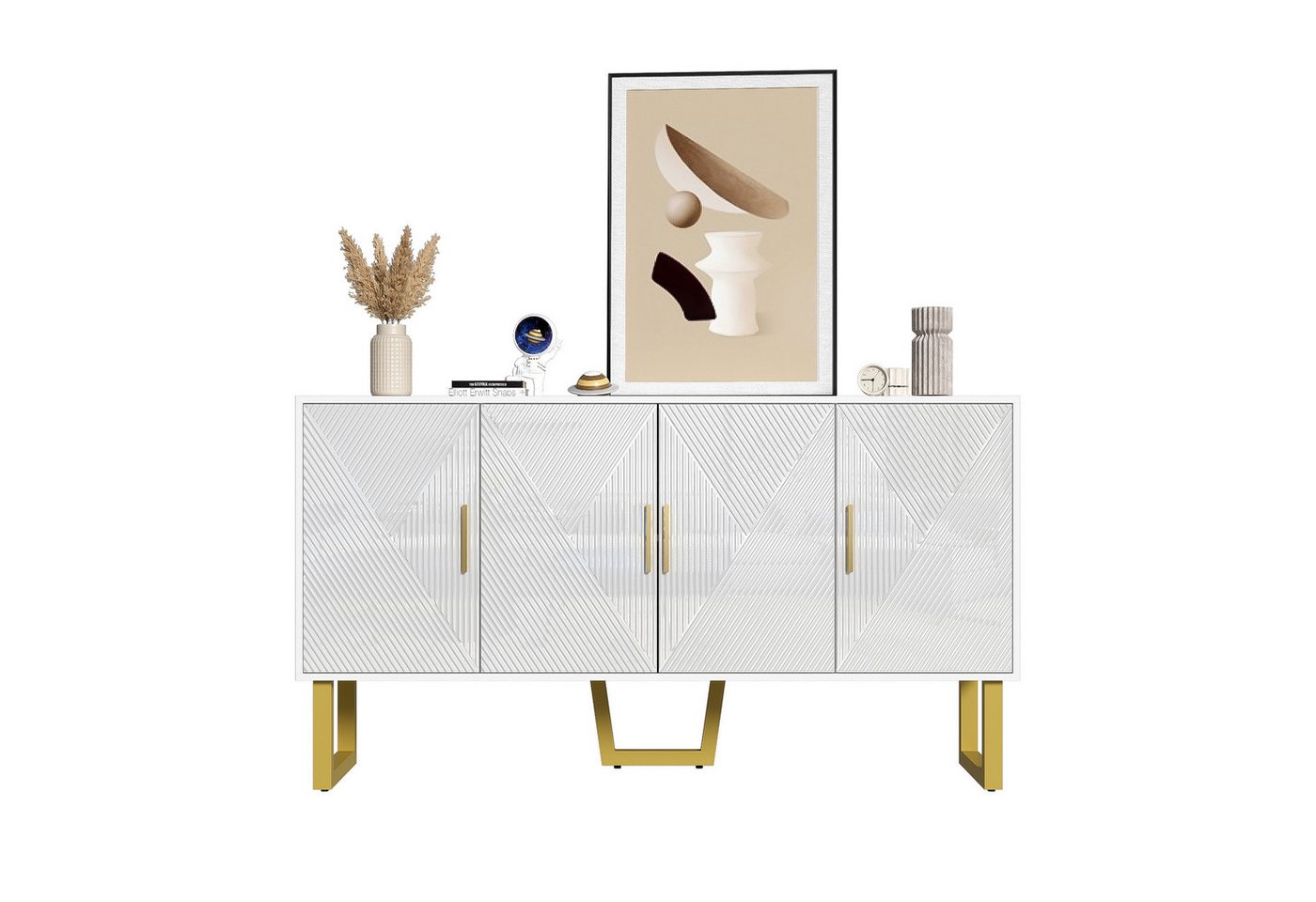 MODFU Sideboard mit höhenverstellbare Regale (Kommode, 1 St., 4 Türen), mit hochglänzenden strukturierten Türen und goldenen Griffen von MODFU