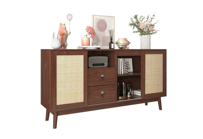 MODFU Sideboard mit vielseitiger Stauraum (Wohnzimmerschrank, Aufbewahrungsschrank, Kommode, Anrichte, 1 St., 3 Schiebetüren, 2 Schubladen), mit 3 Schiebetüren aus echtem Rattan, atmungsaktiv von MODFU
