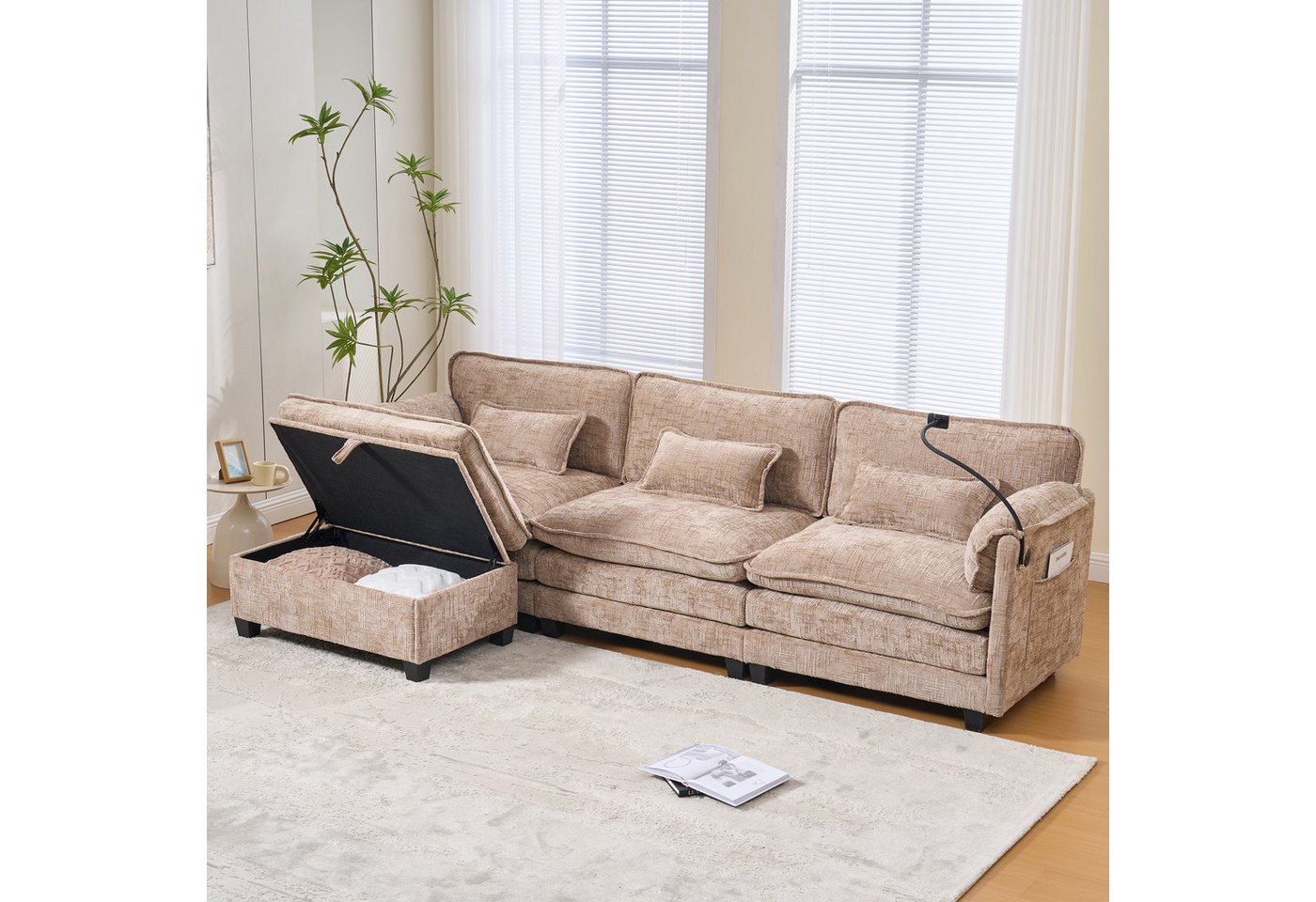 MODFU Sofa 2-Sitzer Loungesofa aus Chenille, mit Memory Foam und Schaumstofffüllung, USB-Anschluss, Seitentasche, Handyhalter und modulare Hocker MODFU Sofa 2-Sitzer Loungesofa aus Chenille, mit Memory Foam und Schaumstofffüllung, USB-Anschluss, Seitentasche, Handyhalter und modulare Hocker von MODFU