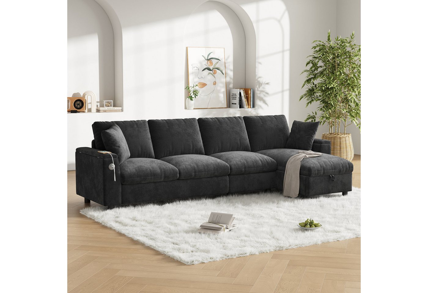 MODFU Sofa Chenille-L-Sofa mit Schlaffunktion, mit Stauraum & ausklappbarem Couchtisch, perfekt für Wohnzimmer & Homeoffice. 1 Teile von MODFU