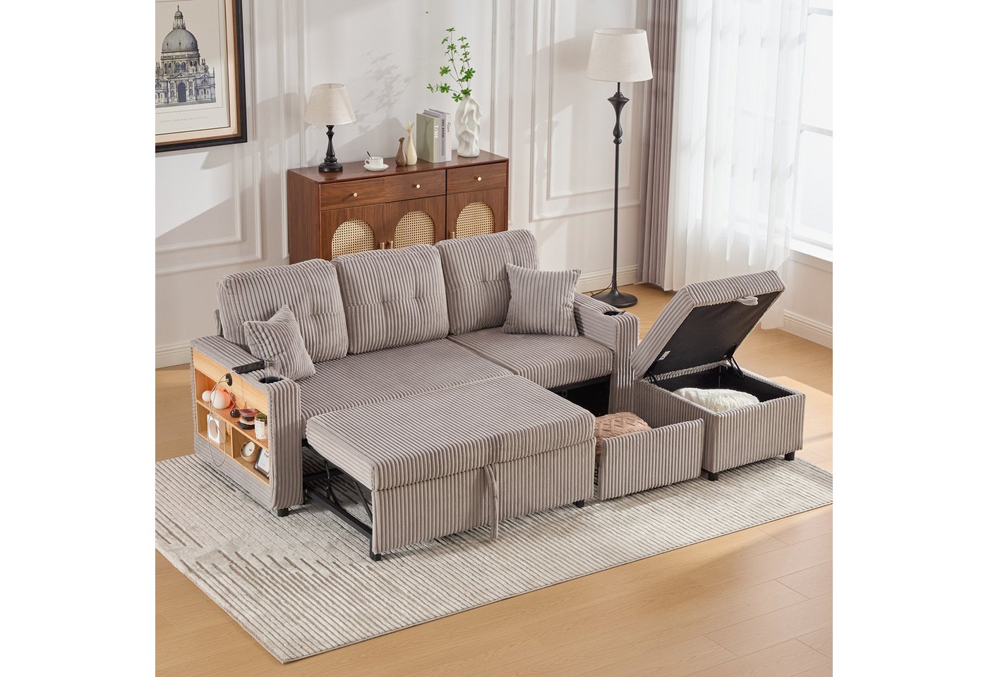 MODFU Sofa Cord-Loungesofa mit breiten Armlehnen, integriertem Stauraum, Schlafsofa, USB-C und Ambientebeleuchtung – komfortables Ausziehbett, 196x82-144x85 cm MODFU Sofa Cord-Loungesofa mit breiten Armlehnen, integriertem Stauraum, Schlafsofa, USB-C und Ambientebeleuchtung – komfortables Ausziehbett, 196x82-144x85 cm von MODFU