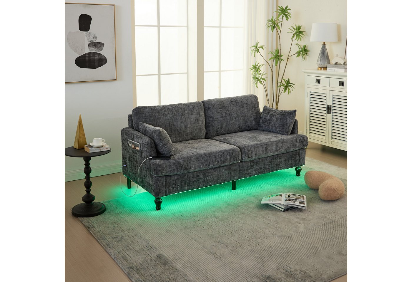 MODFU Sofa Modernes 2-Sitzer Loungesofa, LED-Beleuchtung & USB-Ladeanschluss, Schlafsofa mit Aufbewahrungstasche, mit Chenille-Stoff, bis 250 kg Belastung von MODFU