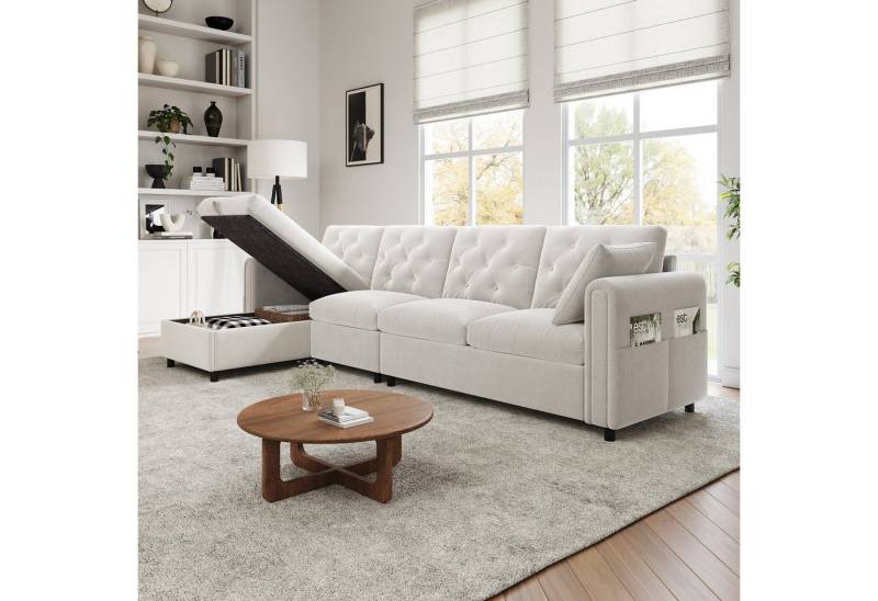 MODFU Sofa für Wohnzimmer & Gästezimmer, L-förmiges Samtsofa mit Stauraum und Schlaffunktion, verstellbare Armlehnen mit Magazintaschen, graues/beiges Design 1 Teile von MODFU