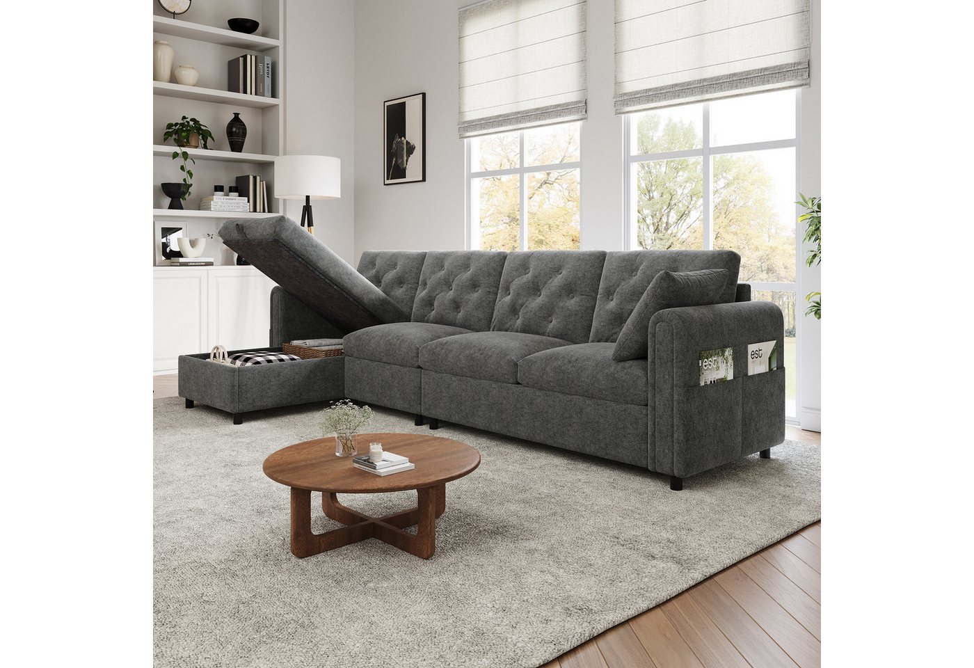 MODFU Sofa für Wohnzimmer & Gästezimmer, L-förmiges Samtsofa mit Stauraum und Schlaffunktion, verstellbare Armlehnen mit Magazintaschen, graues/beiges Design 1 Teile von MODFU