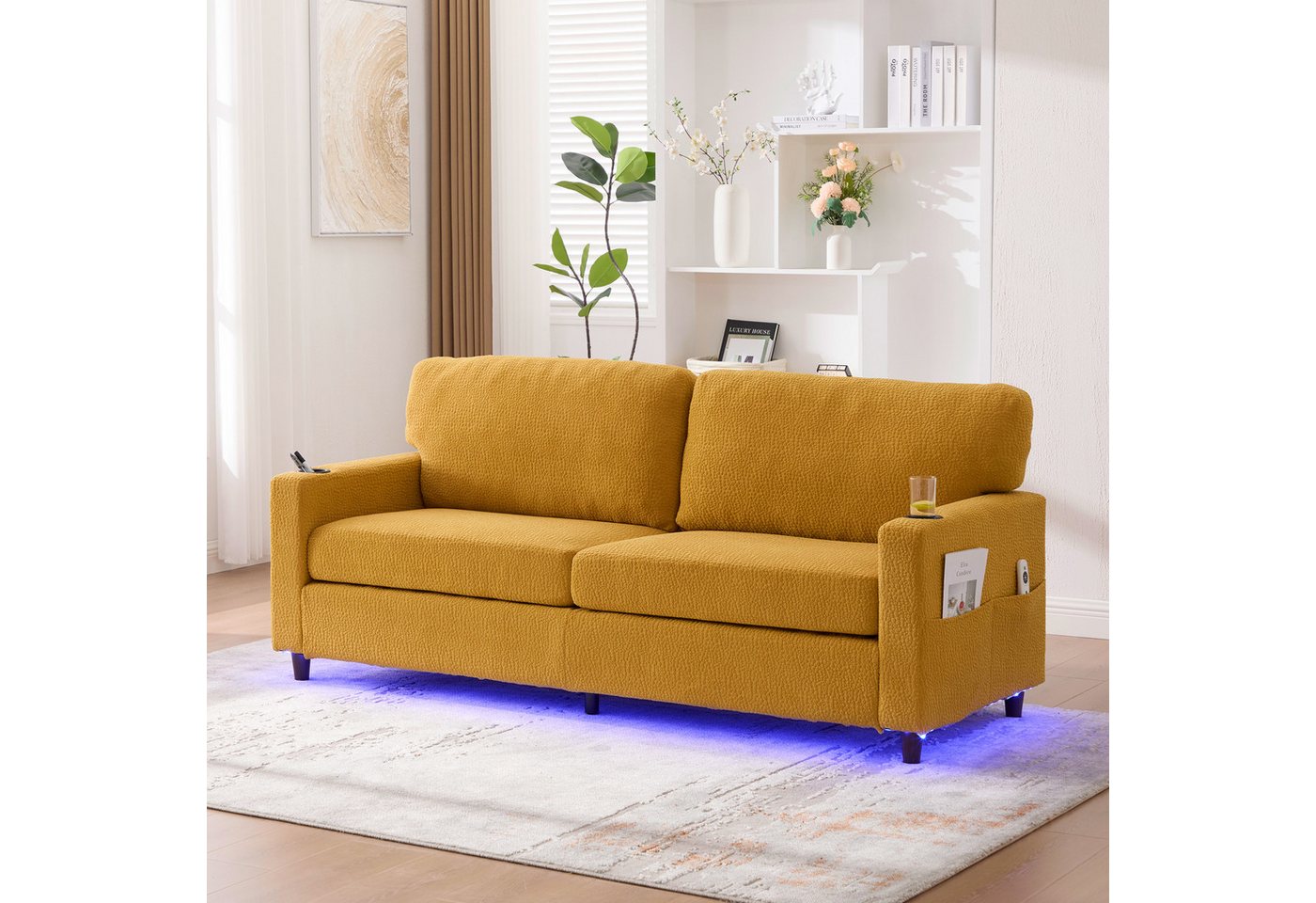 MODFU Sofa mit USB-C-Ladeanschluss, LED-Ambientebeleuchtung, Zweisitzer-Loungesofa aus weicher Chenille, mit Getränkehaltern und Aufbewahrungstaschen MODFU Sofa mit USB-C-Ladeanschluss, LED-Ambientebeleuchtung, Zweisitzer-Loungesofa aus weicher Chenille, mit Getränkehaltern und Aufbewahrungstaschen von MODFU
